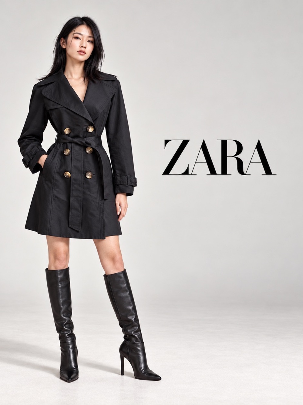 🌸 ZARA Black Double-Breasted Trench Coat size L Minimalist Contemporary